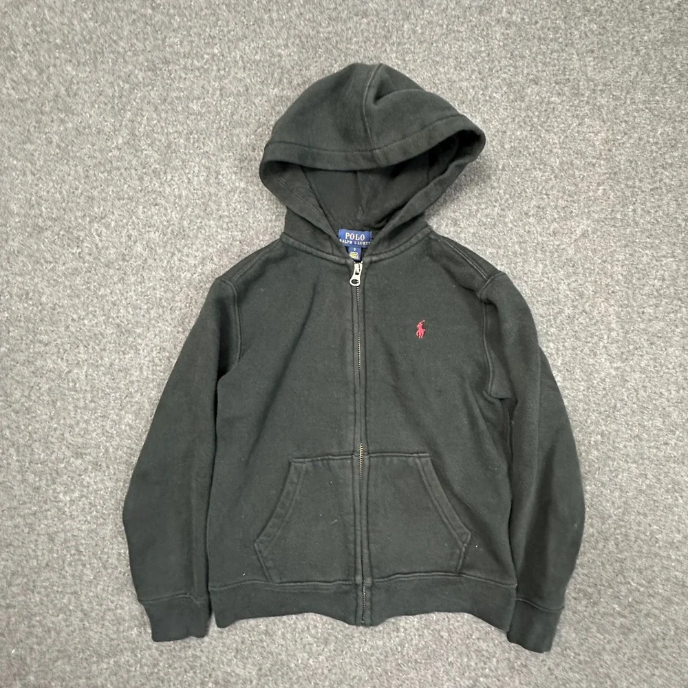 Polo Ralph Lauren Boys Size 7 Black Full Zip Hoodie Red Pony Cotton Sweatshirt